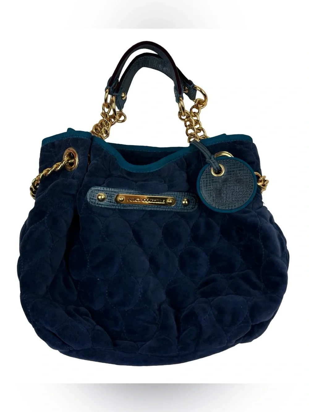 Juicy Couture Navy Quilted Velvet Chain Shoulder Bag Gold Hardware Vintage Blue